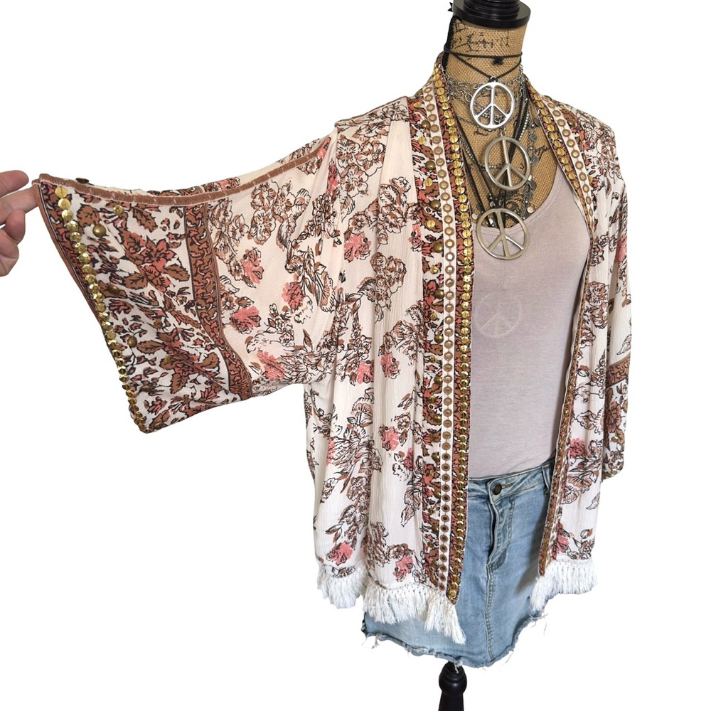 Tribal Rays Of Light Duster Embellished Floral Kimono Cardigan Fringe S/M - Picture 3 of 14